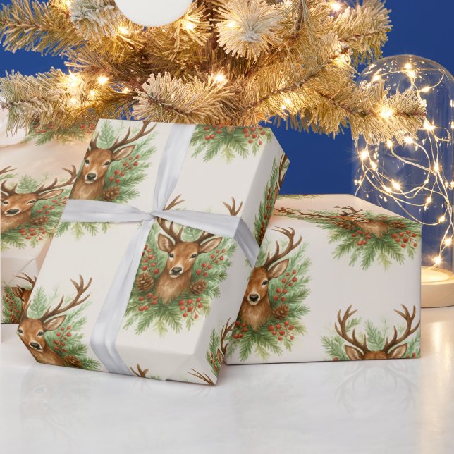 Rustic Woodland Deer Head with Winter Foliage -  Presentpapper (Helgdagar)