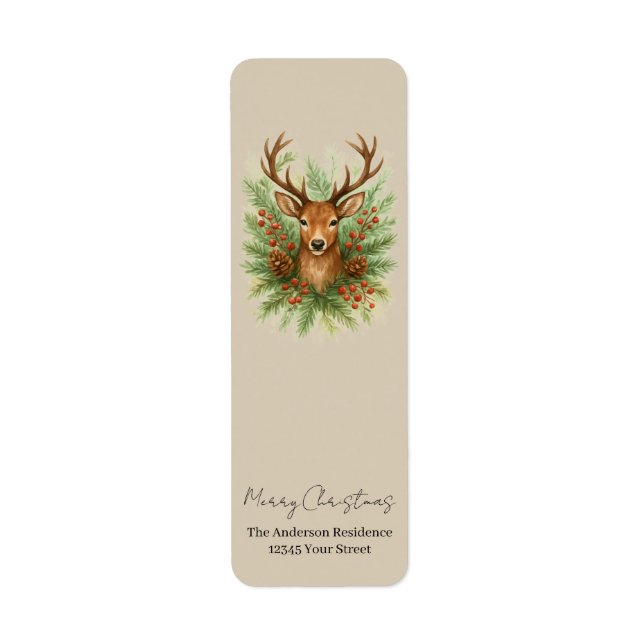 Rustic Woodland Deer Head with Winter Foliage -  Returadress Etikett (Framsidan)