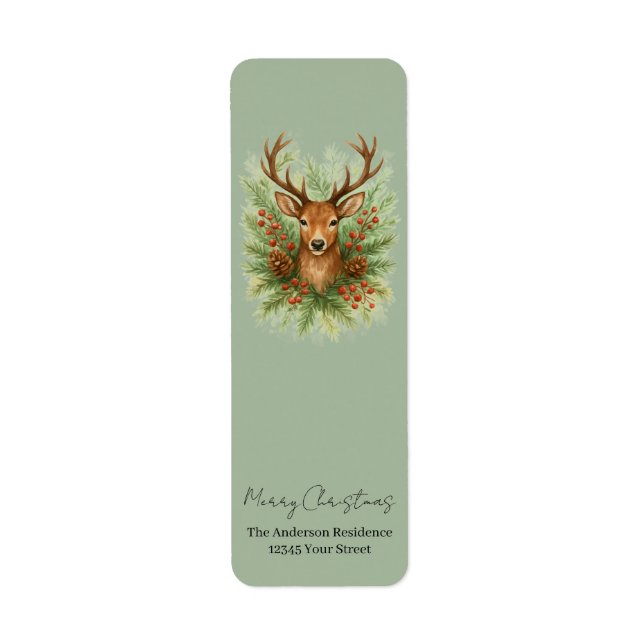 Rustic Woodland Deer Head with Winter Foliage -  Returadress Etikett (Framsidan)