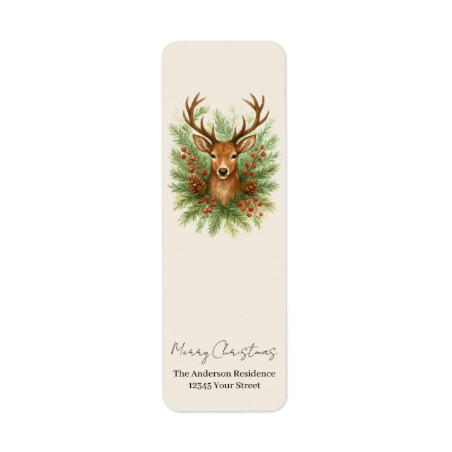 Rustic Woodland Deer Head with Winter Foliage -  Returadress Etikett (Framsidan)