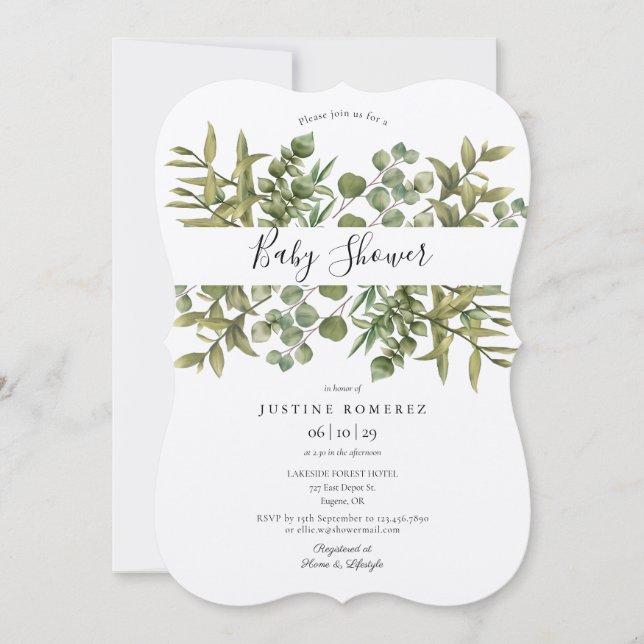 Rustic Woodland Eucalyptus Greenery Baby Shower Inbjudningar (Framsida)