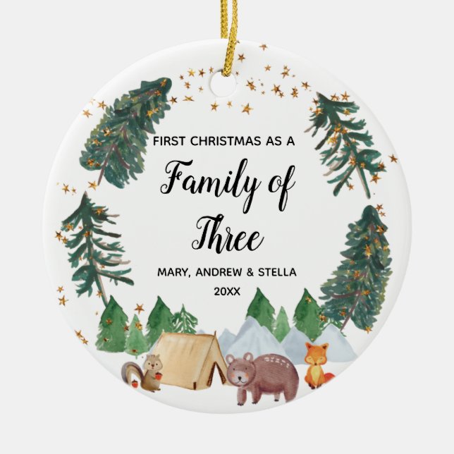 Rustic Woodland Familj med tre med Photo Julgransprydnad Keramik (Framsidan)