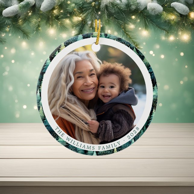 Rustic Woodland Family jul 2 Foton Julgransprydnad Keramik (Rustic Woodland Family Christmas 2 Photos Ceramic Ornament)
