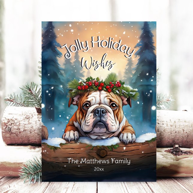 Rustic Woodland Forest Peeking Bulldog Jolly Julkort (Adorable Winter Snowy Scene With Peeking Dogs or Farm/Woodland Animals - Over 50 to Choose From!)