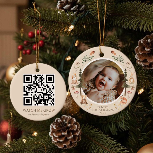 Rustic Woodland Första julfotopod QR-kod Julgransprydnad Keramik (Skapare uppladdad)