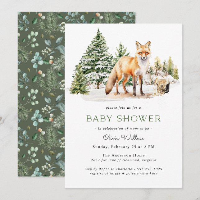 Rustic Woodland Fox | Vinterskog, babystövel Inbjudningar (Fram/baksida)