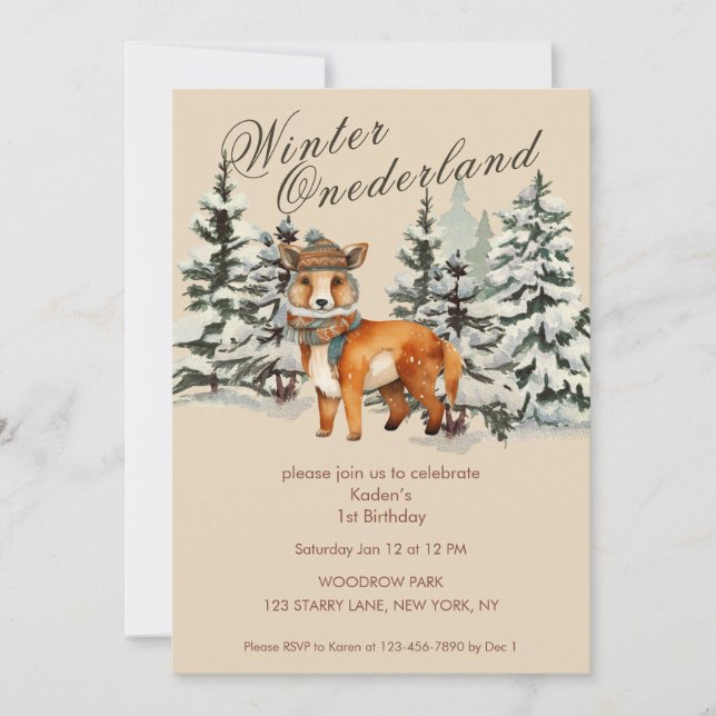 Rustic Woodland Fox Winter Onederland Inbjudningar (Framsida)