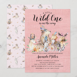 Rustic Woodland Friends Vild One Girls Baby Shower Inbjudningar