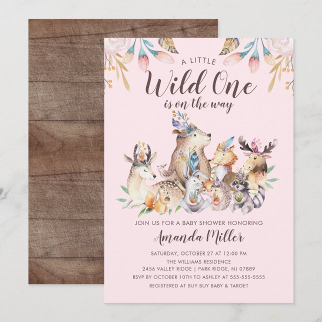 Rustic Woodland Friends Vild One Girls Baby Shower Inbjudningar (Fram/baksida)