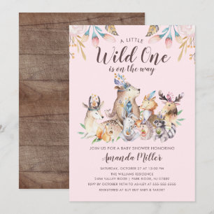 Rustic Woodland Friends Vild One Girls Baby Shower Inbjudningar