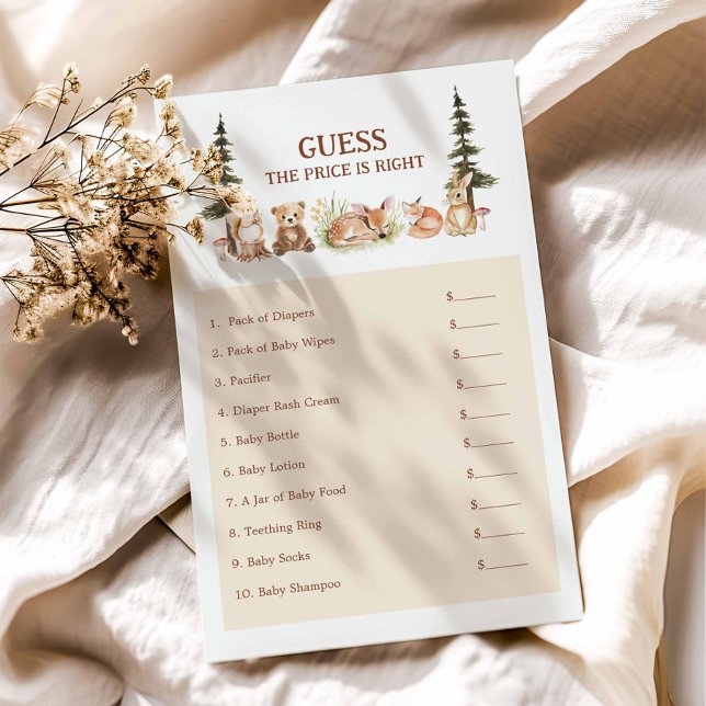 Rustic Woodland gissar den Prisa babyduschen (Woodland Guess The Price Baby Shower Game)