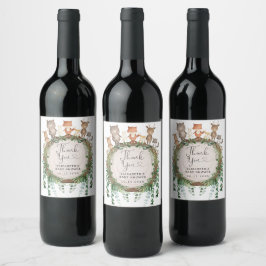 Rustic Woodland Greenery Animals Baby favors Vinflaska Etikett