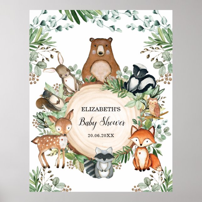 Rustic Woodland Greenery Animals Baby Shower Poster (Framsidan)