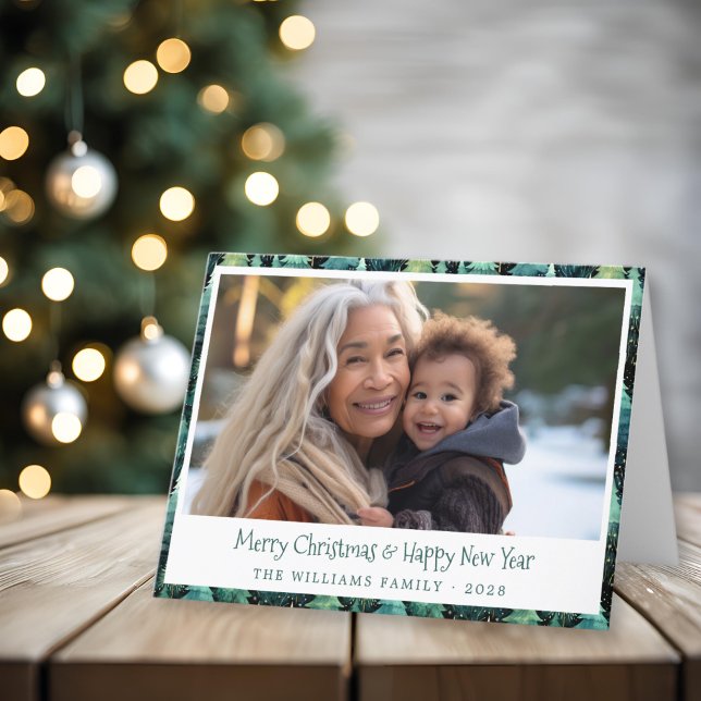 Rustic Woodland Grönt Julfoto Helgkort (Rustic Christmas Photo Card)