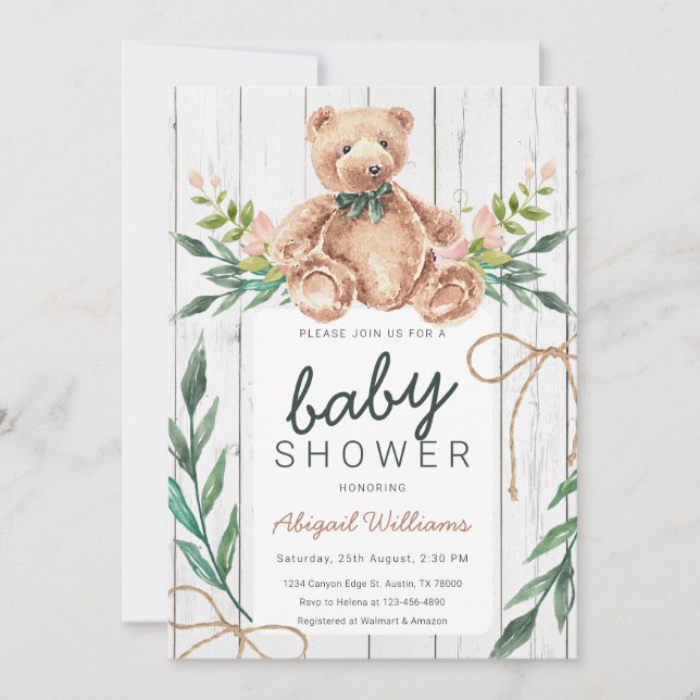 Rustic Woodland Grönt Nalle Baby Shower Inbjudningar (Framsida)