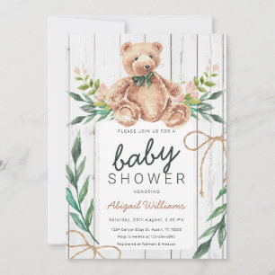 Rustic Woodland Grönt Nalle Baby Shower Inbjudningar