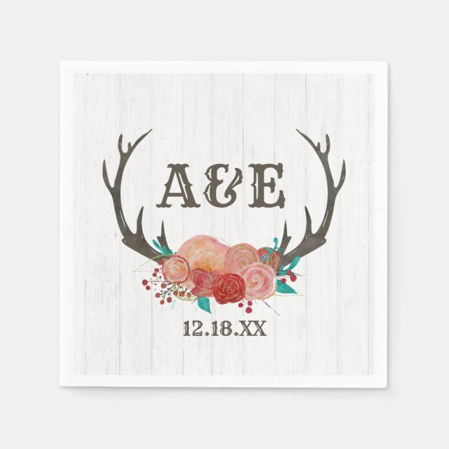 Rustic Woodland Hjort Antler Boho Bröllop Monogram Pappersservett (Framsidan)