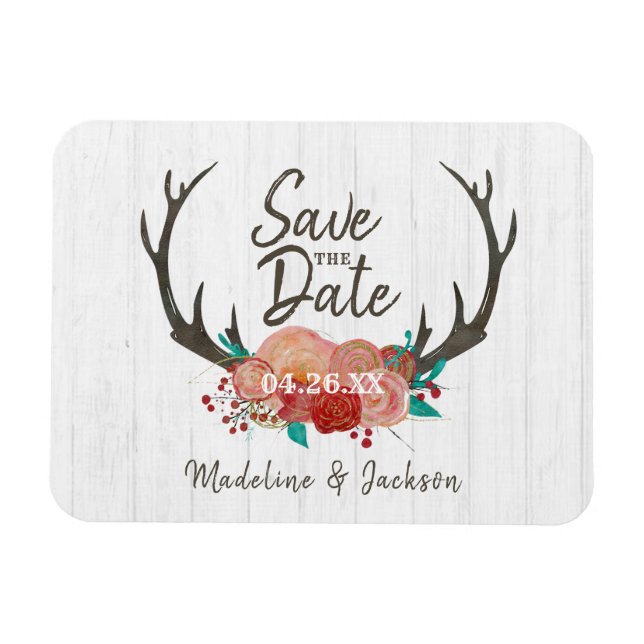 Rustic Woodland Hjort Antler Bouquet Spara datumet Magnet (Horisontell)