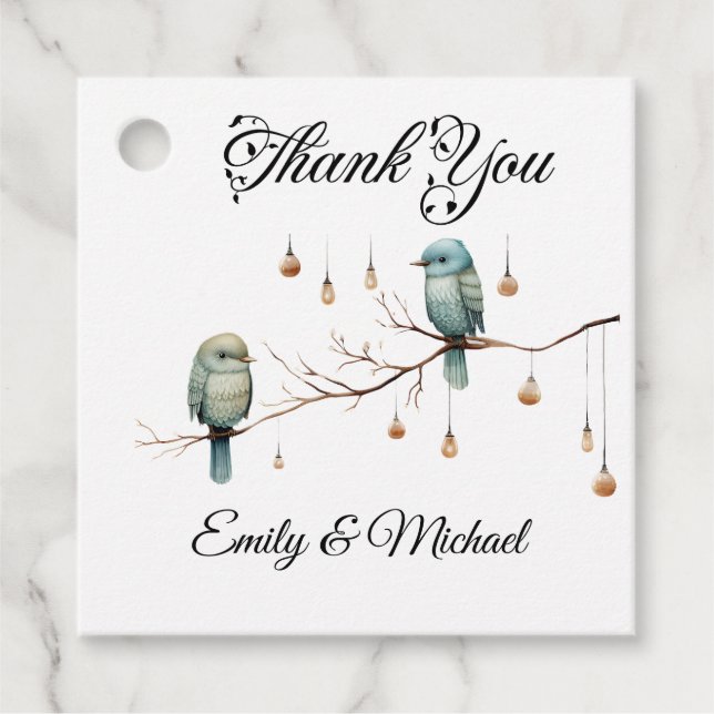 Rustic Woodland Love birds Romantic Bröllop Gåvor Etiketter (Framsida)