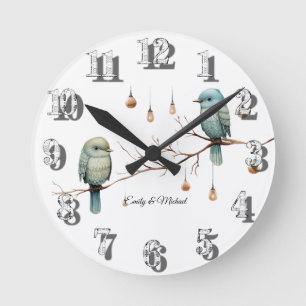 Rustic Woodland Love birds Romantic Bröllop Rund Klocka