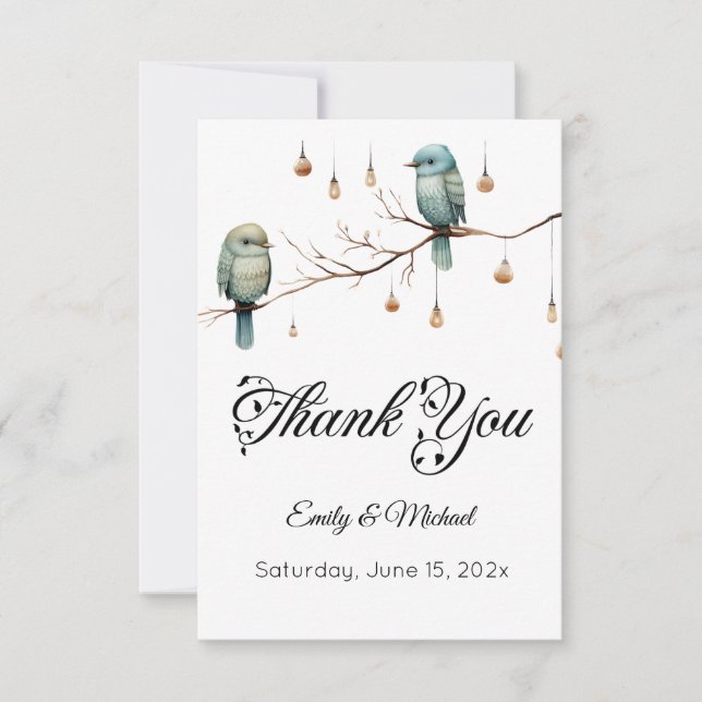 Rustic Woodland Love birds Romantic Bröllop Tack Kort (Framsida)