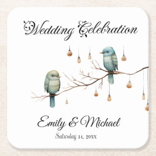Rustic Woodland Love birds Romantic Bröllop Underlägg Papper Kvadrat