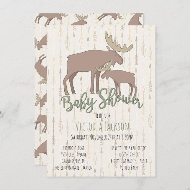 Rustic Woodland Moose and Baby Shower Inbjudningar (Fram/baksida)