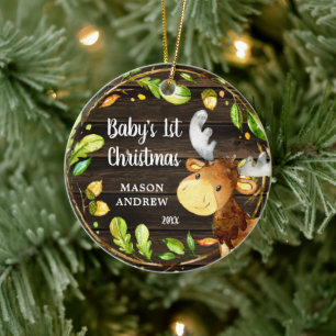 Rustic Woodland Moose Baby första jul Julgransprydnad Keramik