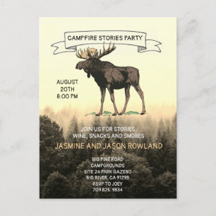 Rustic Woodland Moose Campfire Party-inbjudningar Vykort