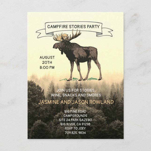 Rustic Woodland Moose Campfire Party-inbjudningar Vykort (Framsida)