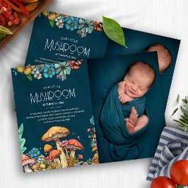 Rustic Woodland Mushroom Fungi 1:a födelsedagsfoto Inbjudningar