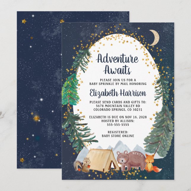 Rustic Woodland Night Himlar Baby Sprinkle by Mail Inbjudningar (Fram/baksida)