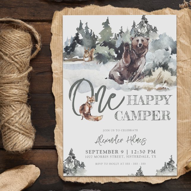 Rustic Woodland One Lycklig Camper Birthday Inbjudningar (Skapare uppladdad)