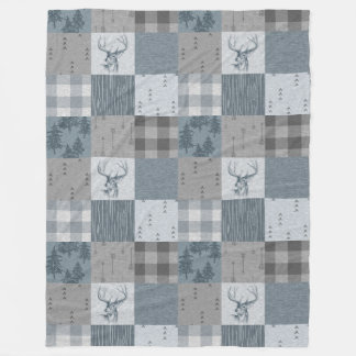 Rustic Woodland Patchwork Fleece Blanket - Blue