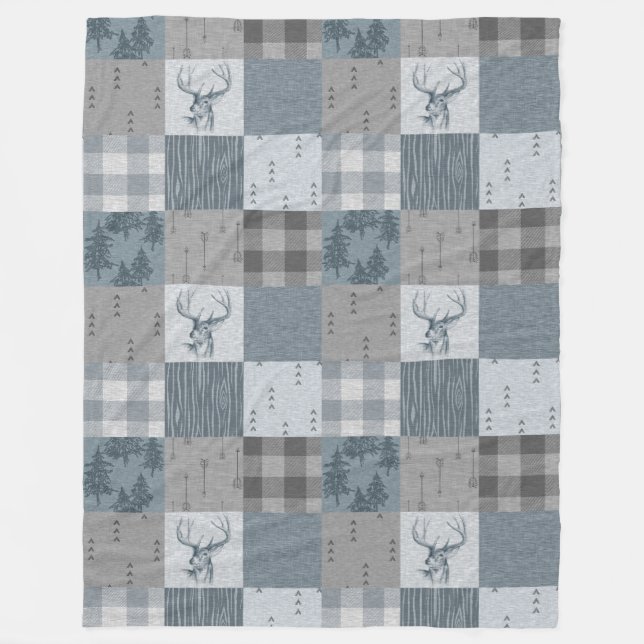 Rustic Woodland Patchwork Fleece Blanket - Blue (Framsidan)
