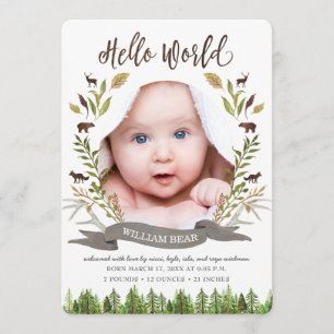 Rustic Woodland Pojke Birth Announcement Cards Meddelande