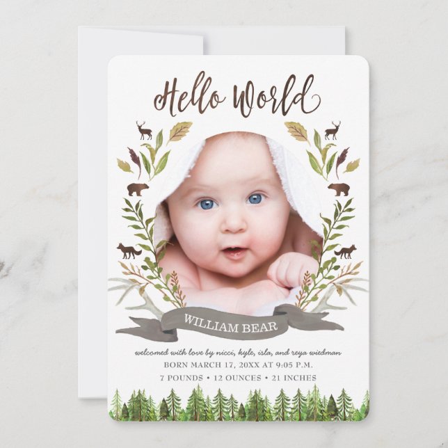Rustic Woodland Pojke Birth Announcement Cards Meddelande (Framsida)
