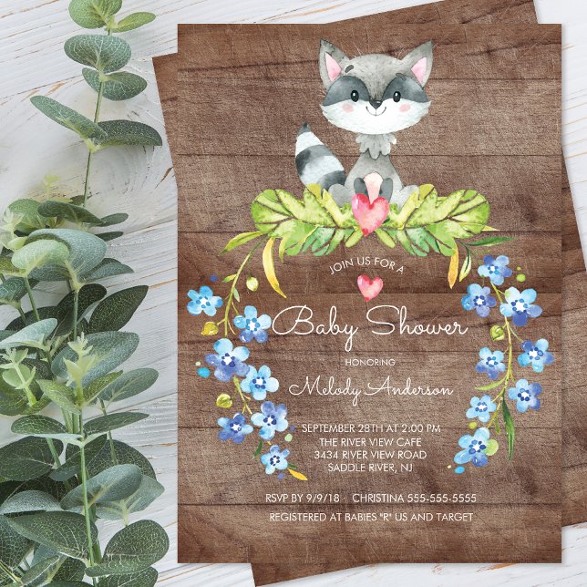 Rustic Woodland Raccoon Baby Shower-inbjudan Inbjudningar (Skapare uppladdad)