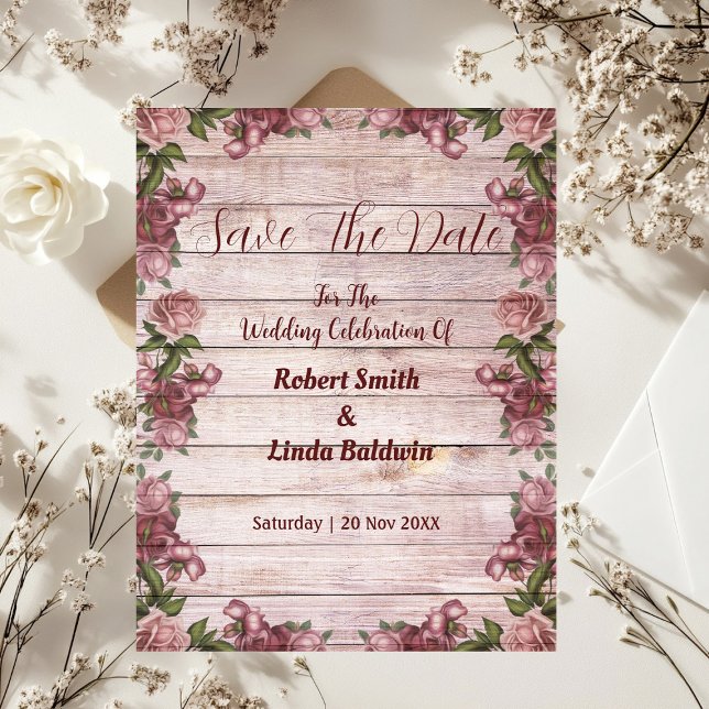 Rustic Woodland Ro Blommigt Land Spara datumet Inbjudningar (Rustic Woodland Roses Floral Country Save The Date Invitation)