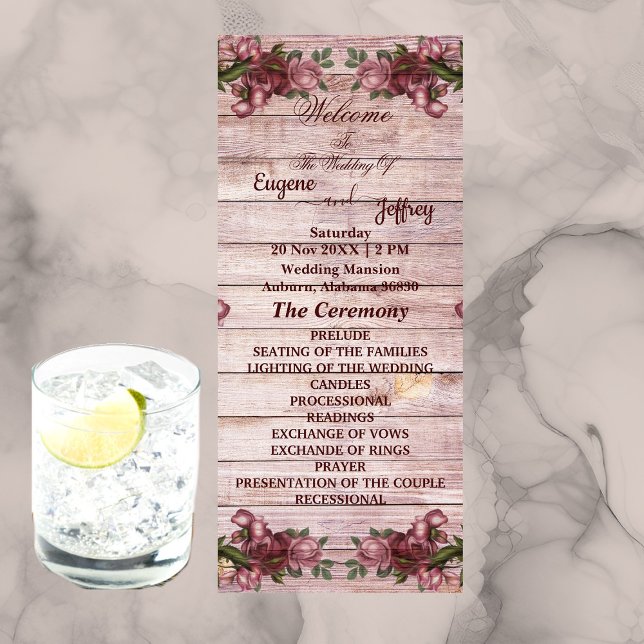 Rustic Woodland Ro Blommigt Landsbyggsbröllop Program (Rustic Woodland Roses Floral Country Wedding Program)