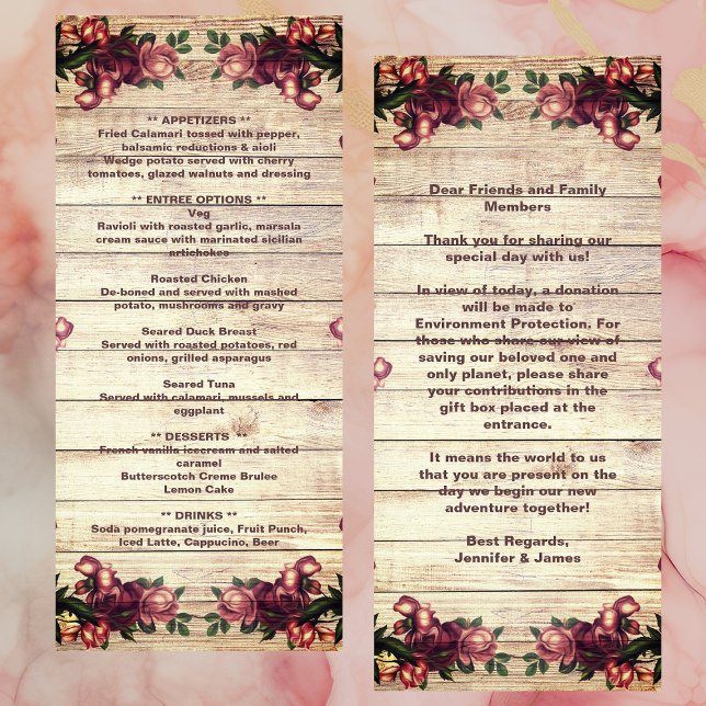 Rustic Woodland Ro Burgundy Landsbyggsbröllop Meny (Rustic Woodland Roses Burgundy Country Wedding Menu)