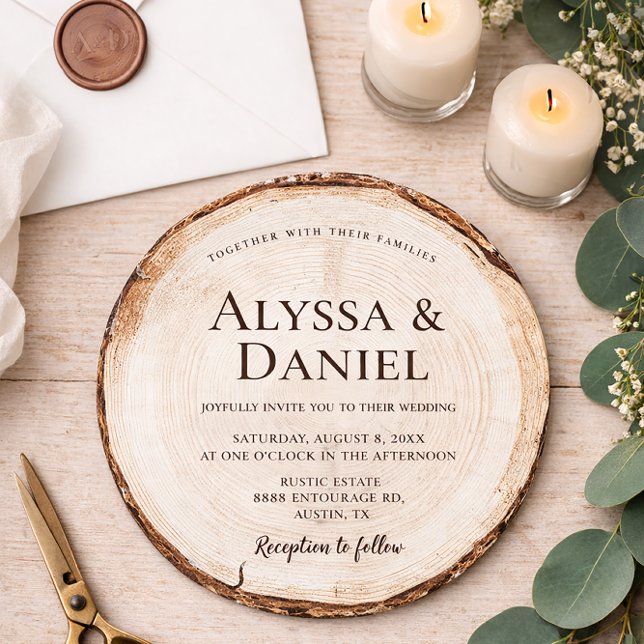 Rustic Woodland Round Wood Slice forest wedding Inbjudningar (Rustic and unique woodland round wedding invitation card.)