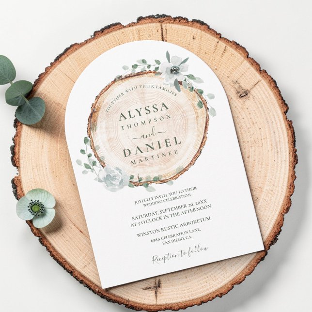 Rustic Woodland Sage Watercolor blommigt Bröllop Inbjudningar (arch wedding invitation, wood cut slice and watercolor rustic flowers and greenery.)