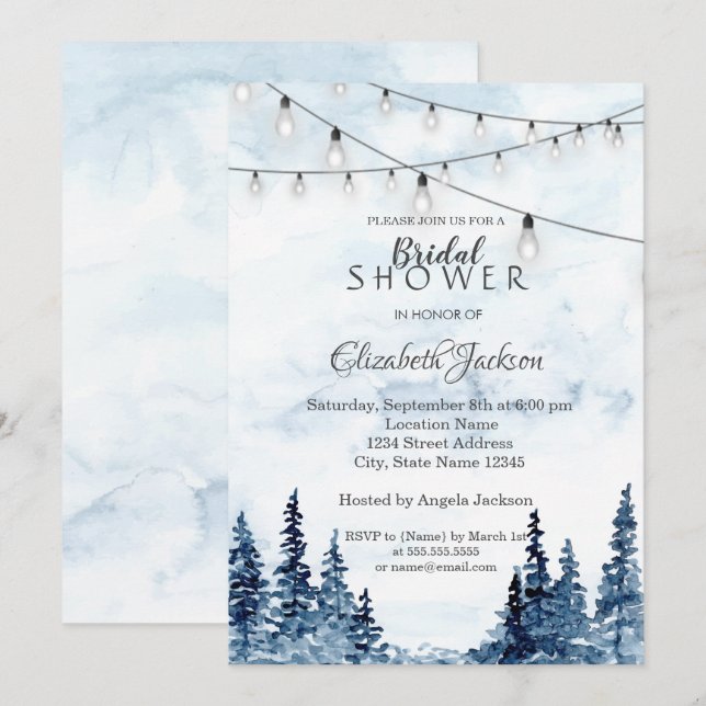 Rustic Woodland, String Ljus, Watercolor Inbjudningar (Fram/baksida)