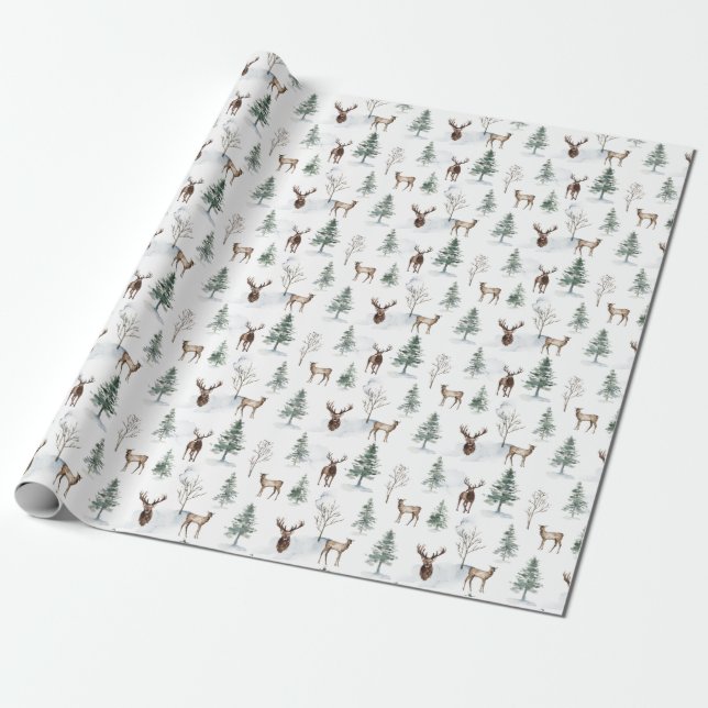 Rustic Woodland Träd Hjort Gift Wrapping Papper Presentpapper (Utrullad)