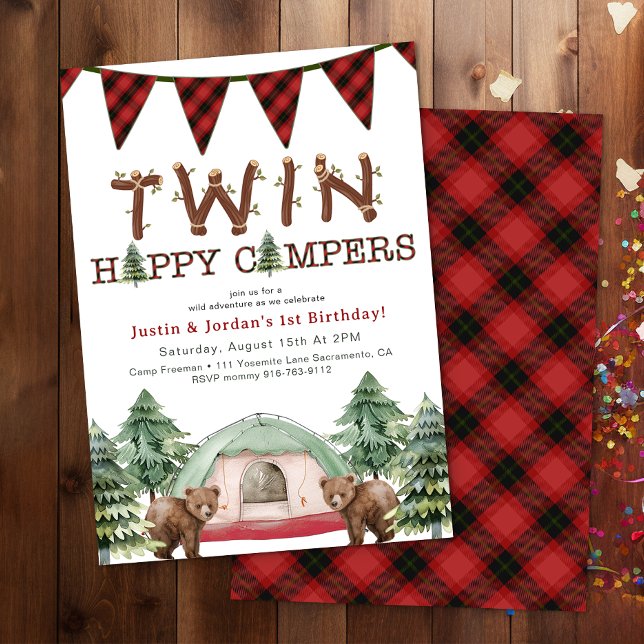Rustic Woodland Twillingar en Lycklig Camper Birth Inbjudningar (Twin Happy Campers Birthday Party Invite)