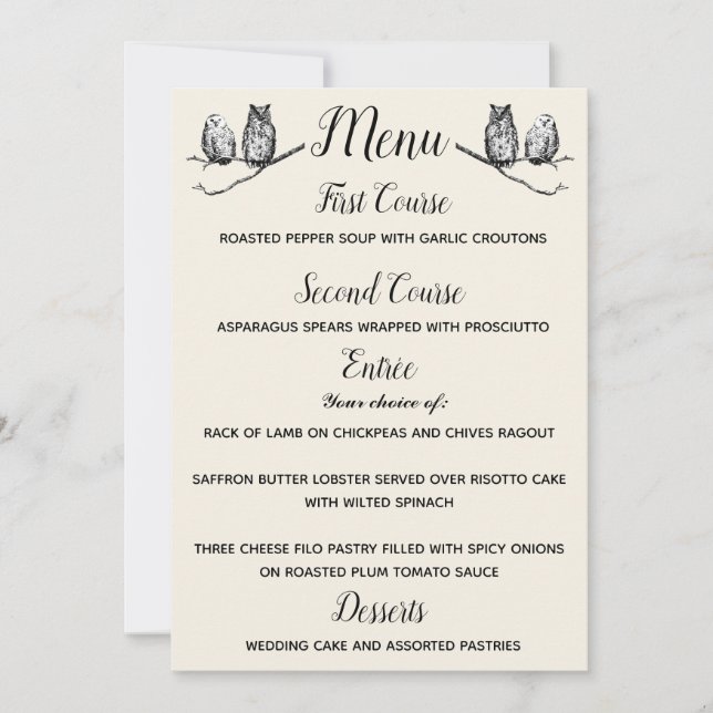 Rustic Woodland Uggla Menu Inbjudningar (Framsida)