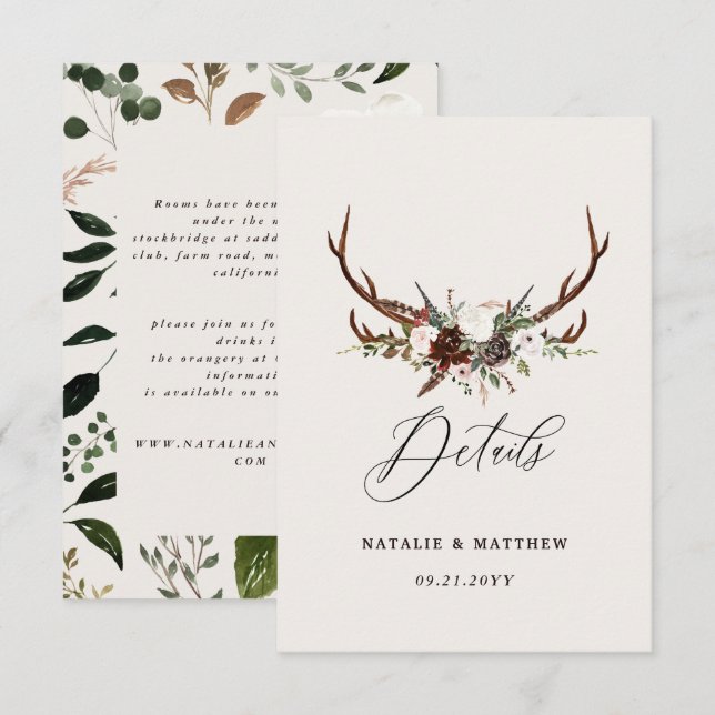 Rustic Woodland Wedding Details Card with Antlers Spara Datumet (Fram/baksida)
