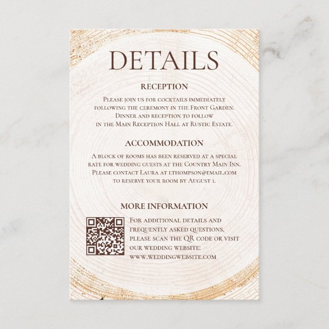 Rustic Woodland Wedding Details Card with QR code Tilläggskort (Framsida)