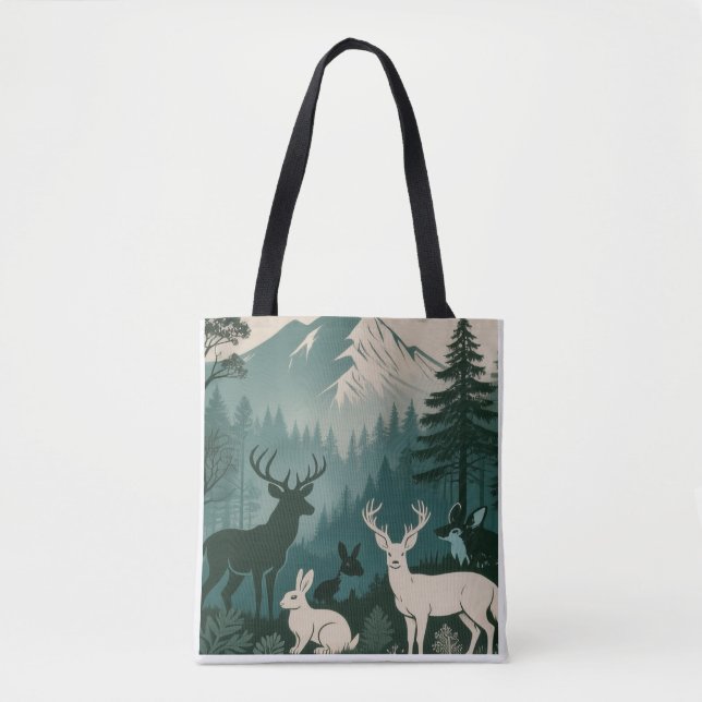 Rustic Woodland Wildlife Deer Rabbit Mountain Scen Tygkasse (Framsida)